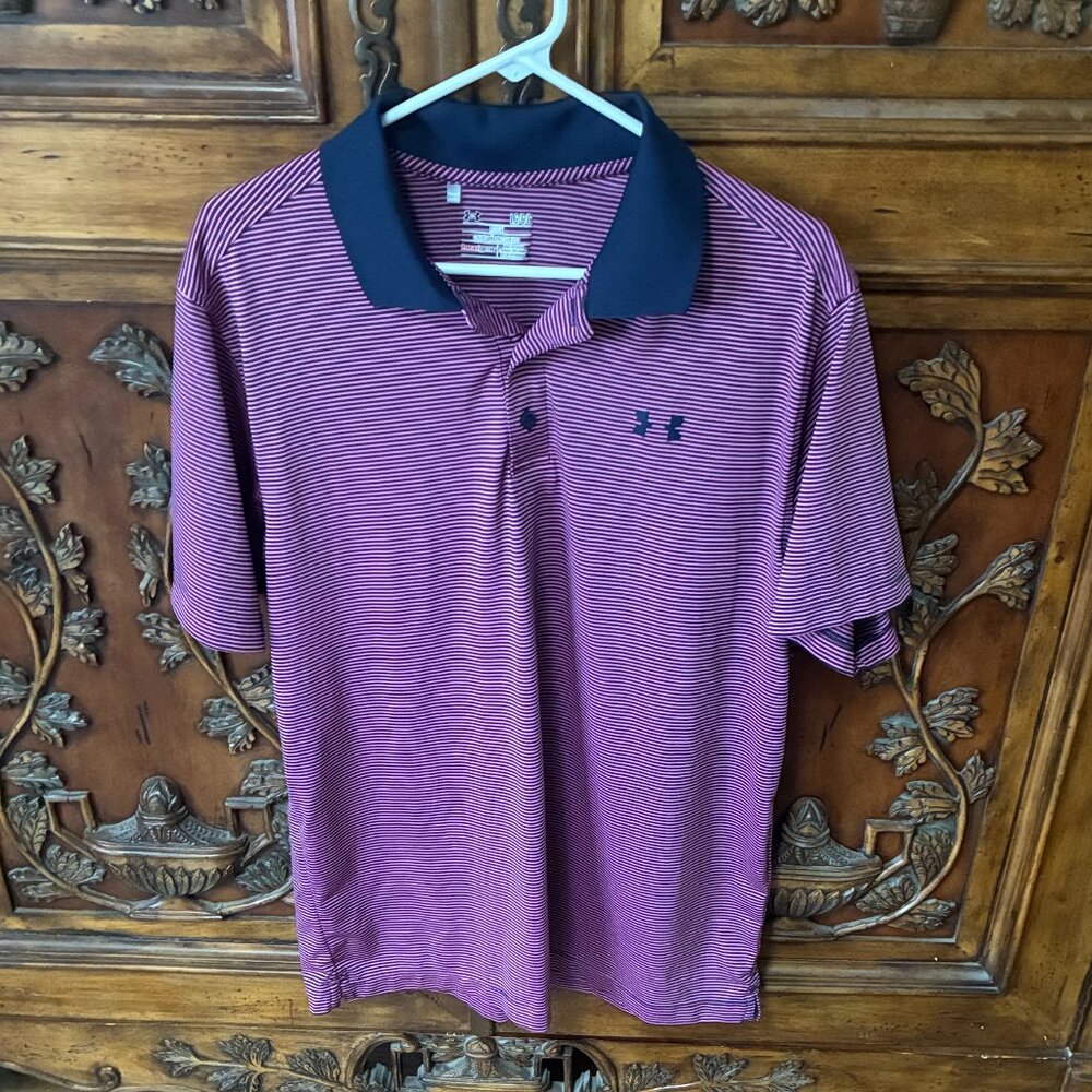 Under Armour Heatgear Polo Shirt Men's Sz Large Pink Blue Striped Loose Fit Golf